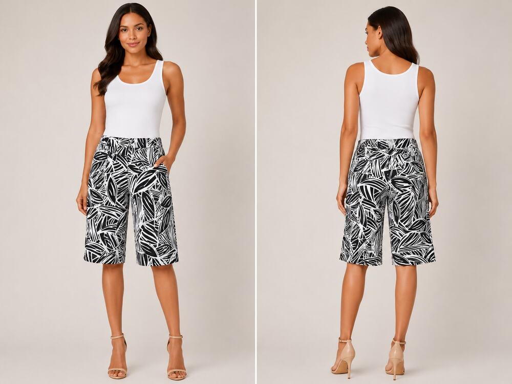 Cache Geometric Leaf Black White Floral Bermuda Short Stretch New NWT $88 Sz 6